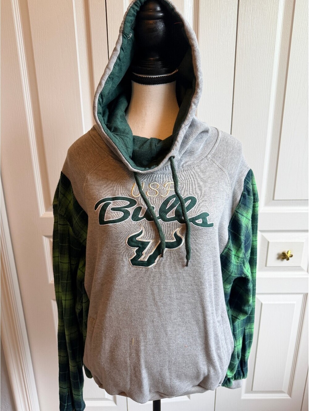 Large USF Bulls Hooded Sweatshirt with Green Plaid Sleeves